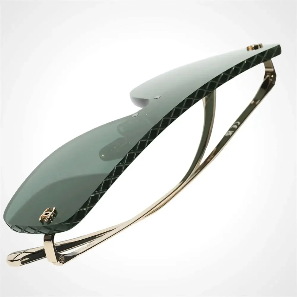 New CHANEL Sunglasses Gold Metal Rimless Shield Mask Green Lens CC Logo - Picture 4 of 5